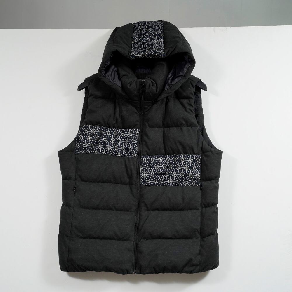 Custom Uniqlo Women’s Down Hooded Vest Hand Sewn Japanese Pattern Gray XXL